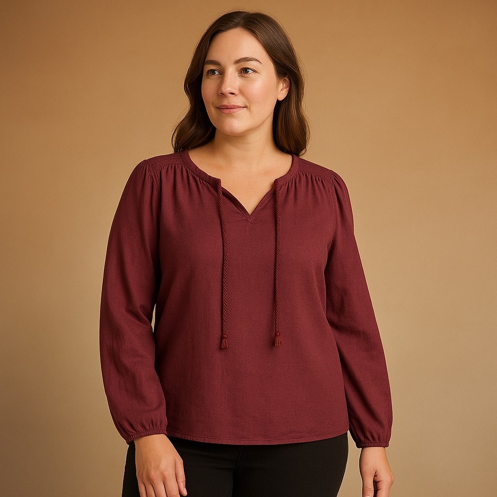 Denver Hayes Cherry Red Peasant Top M Linen Viscose Long Sleeve Boho Cottagecore